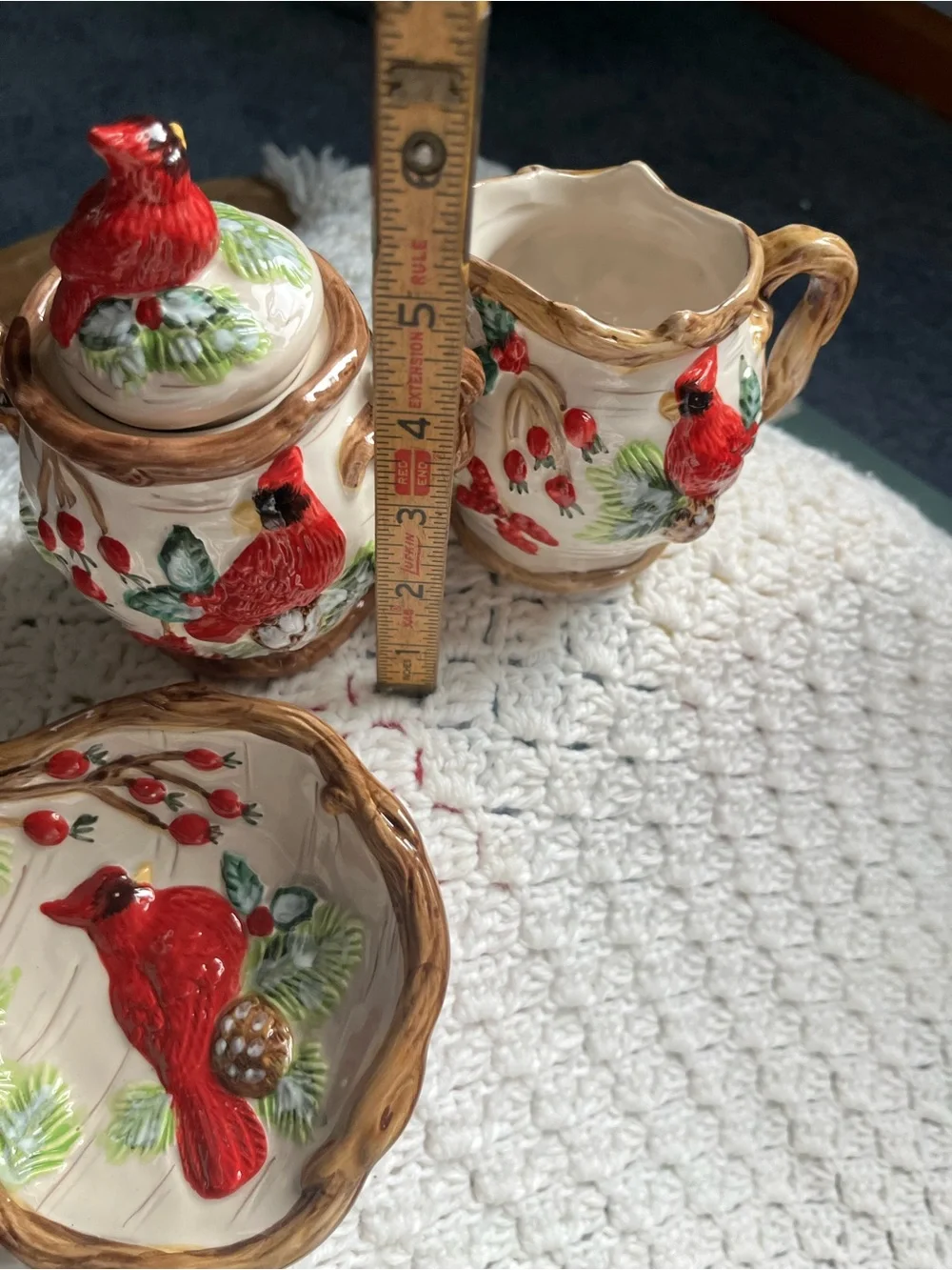 Christmas Traditions Red Cardinal Bird Sugar Bowl, Creamer Set and Spoon Rest